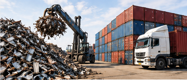 Forklift loading scrap metal near shipping containers