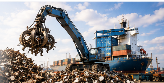 Crane loading scrap metal onto a cargo ship